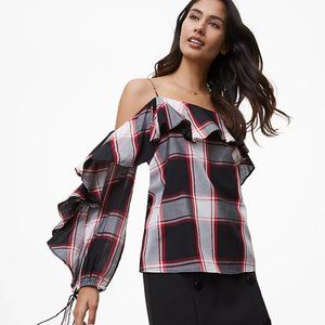 Loft Plaid Flounce Off The Shoulder Top